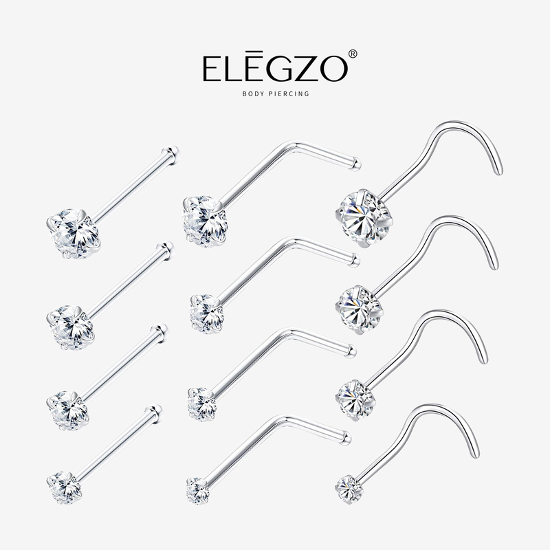 Czech Diamond 925 Silver Hypoallergenic L-Shaped Bent S-Shaped Straight Rod Nose Stud Set Combination for Nose Piercing, European and American Export