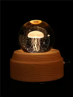 Birthday gift Tanabata Valentine's Day jellyfish glowing crystal ball rotating music box wooden to give boy girlfriend