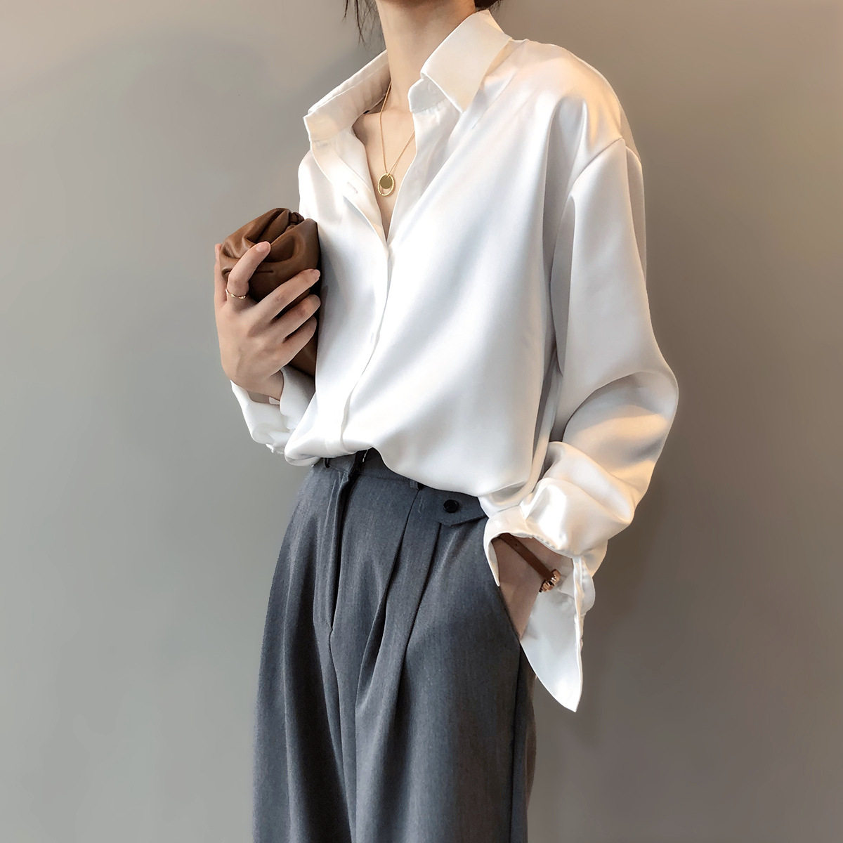 Mulberry Silk Satin Silk Noodles Silk White Lining True Silk Shirt Woman Long Sleeve Silk Design Sensation Small Crowdfeel Professional Blouse