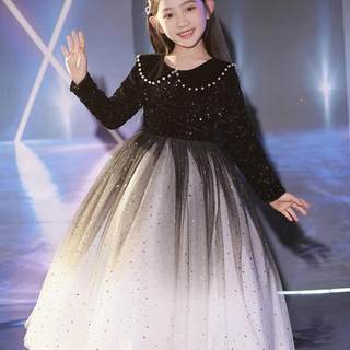 女童黑色礼服轻奢小众高端小主持人加绒长袖公主裙钢琴演奏秋冬季