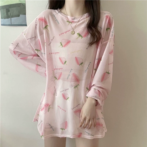 Клубника, лонгслив, летняя тонкая футболка, защита от солнца, свободный крой