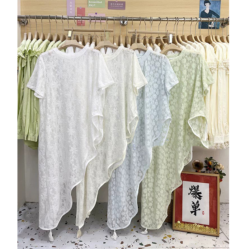White Irregular Hem Lace Short-Sleeve T-Shirt for Women, Summer Mid-Length Style, Layered with Sheer Air-Conditioning Cover-Up and Long Skirt