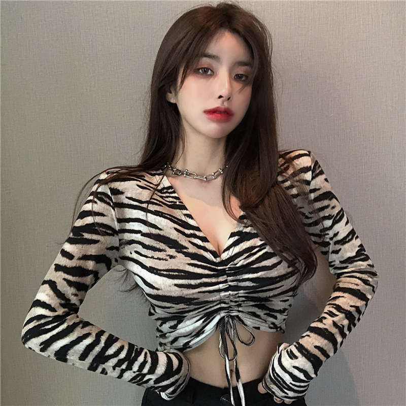 European and American Hot Girl Style Jazz Style Women's Clothing Zebra Print V-Neck Drawstring Slim Long-Sleeve Short T-Shirt Dance Top for Women Spring European and American Hot Girl Style Jazz Style Women's Clothing Zebra Print V-Neck Drawstring Slim Long-Sleeve Short T-Shirt Dance Top for Women Spring