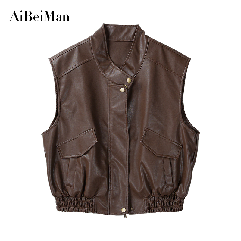 Hong Kong Style Retro Motorcycle Leather Vest for Women, 2026 Autumn New Design, Sleeveless Leather Jacket, Waistcoat, Trendy Outerwear