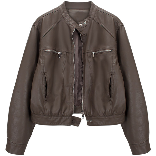 ເສື້ອຫນັງຫນັງສໍາລັບແມ່ຍິງ 2024 ຮູບແບບໃຫມ່ຮ້ອນຂອງອາເມລິກາ retro ລົດຈັກຫນັງ jackets ທີ່ນິຍົມ Maillard ຂອງແມ່ຍິງ tops trendy