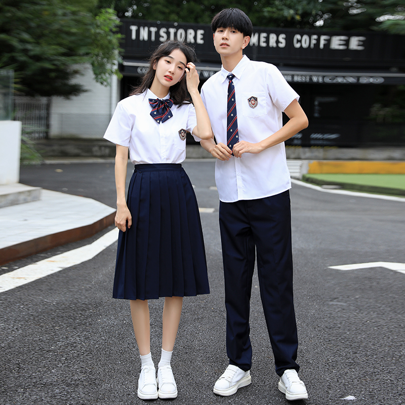 Graduating class uniform set British college style school uniform middle school students short sleeves JK shirt saffron pleated skirt long skirt summer