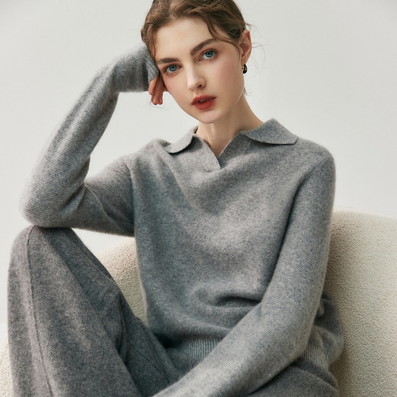 Cos Style Lazy and Comfortable Soft Baby Cashmere Women's Polo V-Neck Reversible Knit Loose Sweater Slimming Knitwear