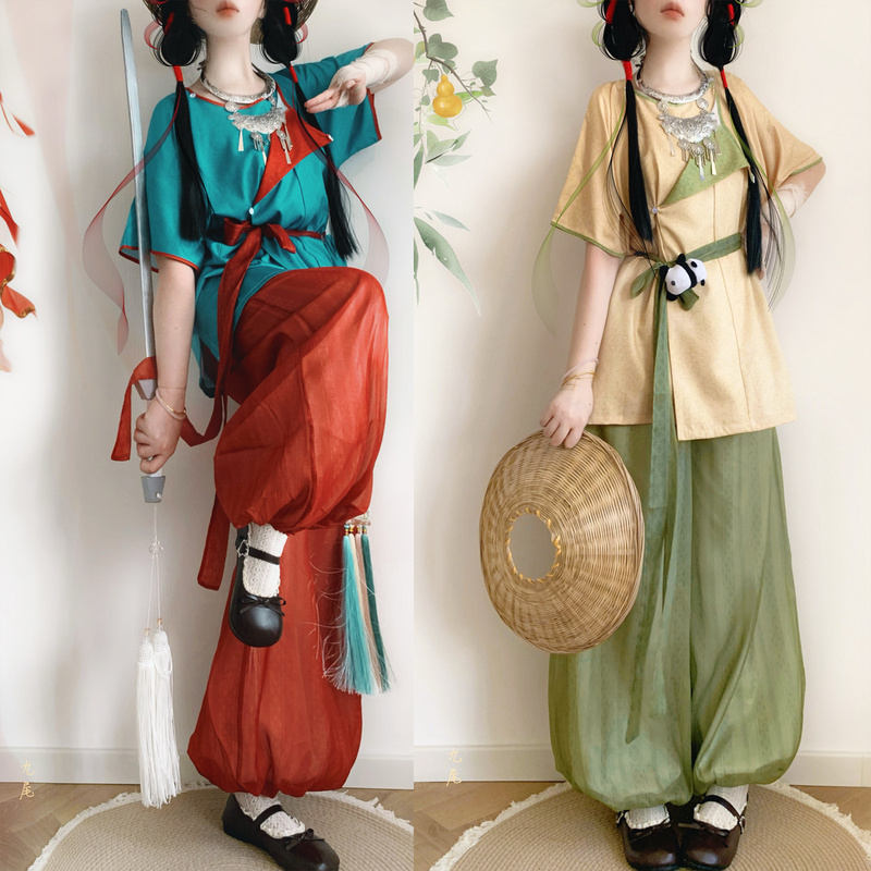 Yaochi Original Hanfu for Women [Agarwood] Chinese Style Round Neck Short Sleeve Lantern Pants Tang Dynasty Print Daily Wear Summer