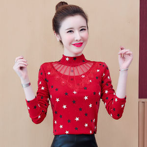 半高领蕾丝女长袖气质亮丝打底衫