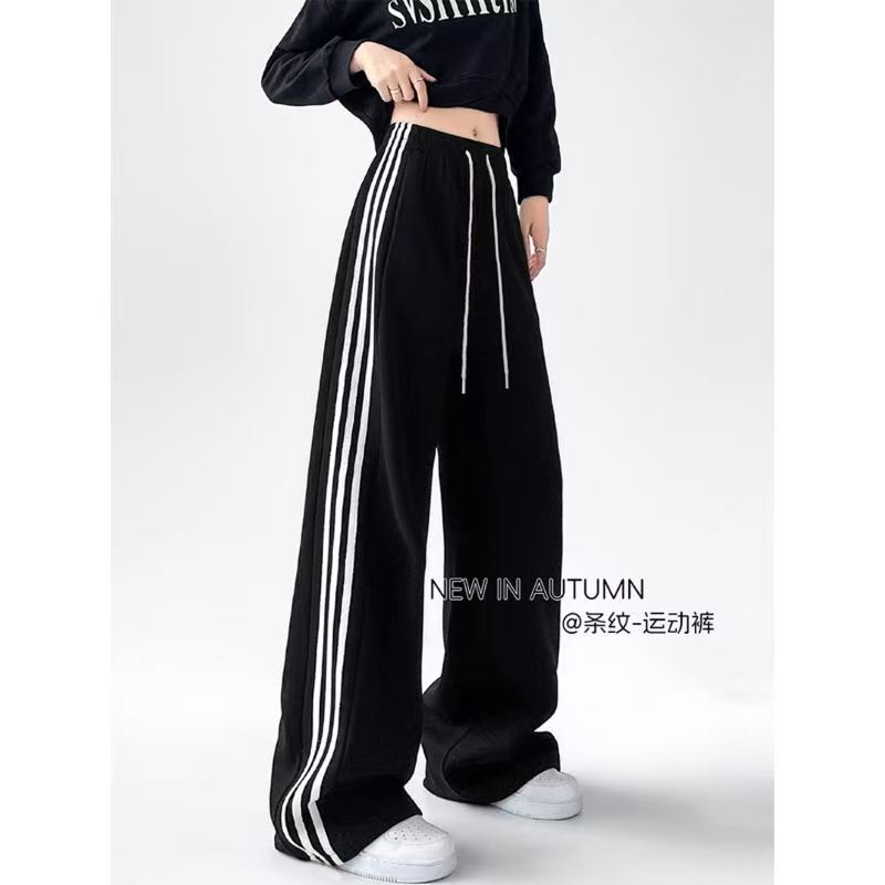 Spring, Autumn, and Summer Classic American-Style Striped Plus-Size 1.0-150kg High-Waisted Casual Slimming Wide-Leg Pants for Plus-Size Women