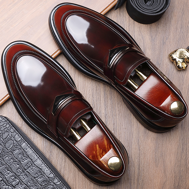 High-End British-Style Glossy Genuine Leather Men's Business Casual Slip-On Shoes with Soft Soles and Thick Soles for Formal Wear