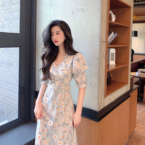 Длинная юбка, милое платье, французский стиль, цветочный принт, рукава фонарики, рыбий хвост, подходит для подростков