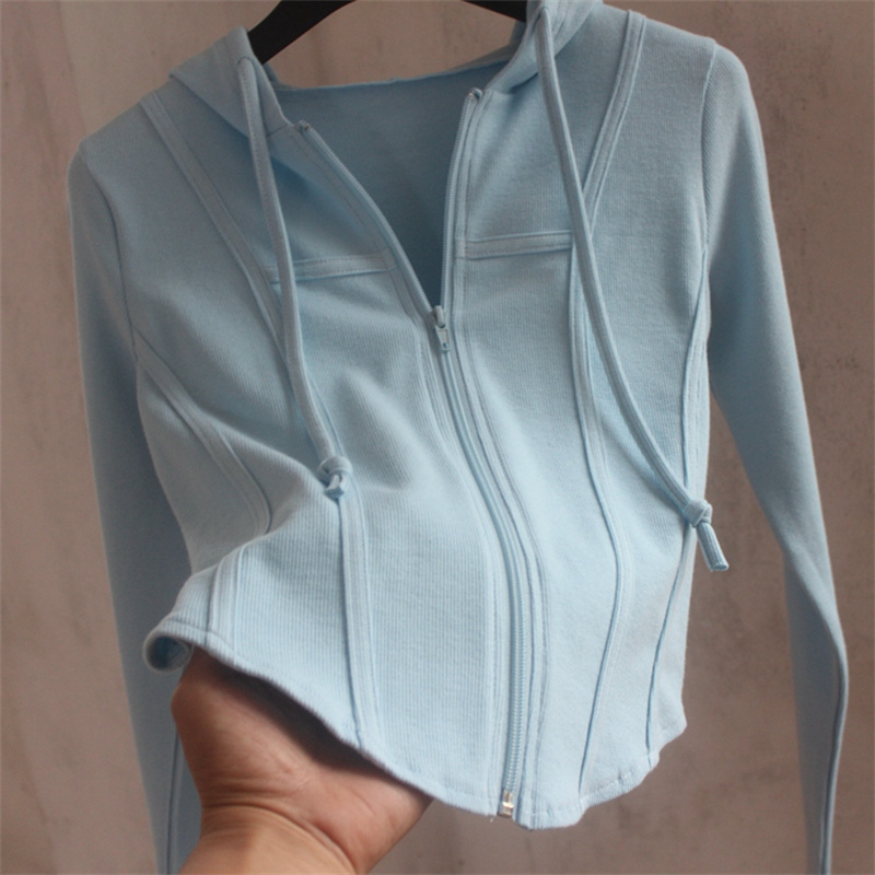 Hooded Short T-Shirt for Women, 2026 Spring New Korean Style, High-Waisted, Slim-Fitting, Thin Long-Sleeved Top