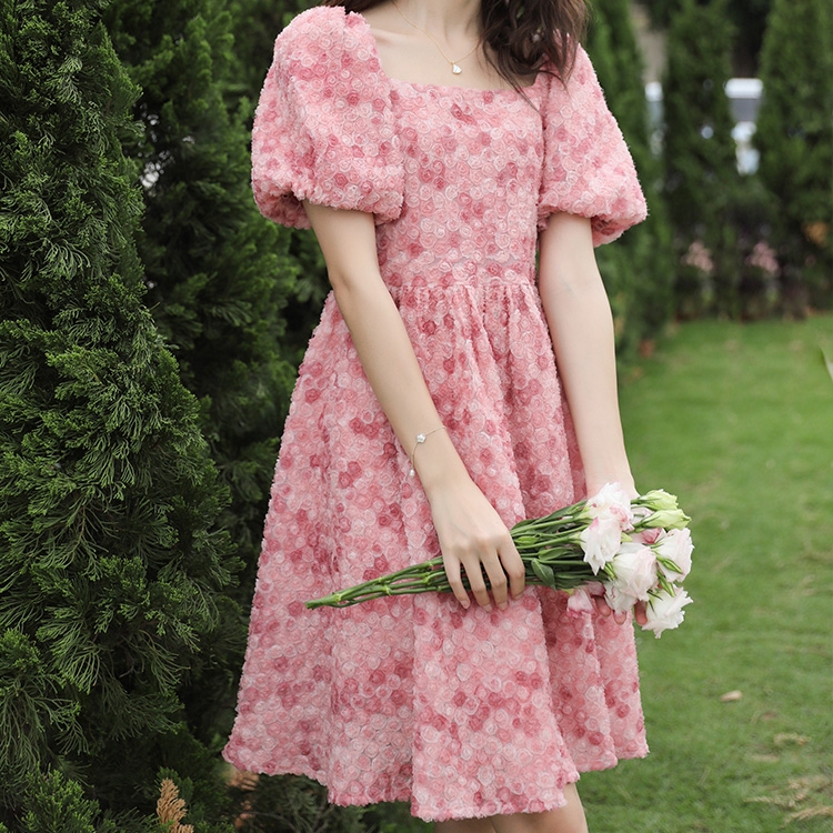 方领温柔风连衣裙,收腰粉色仙女裙