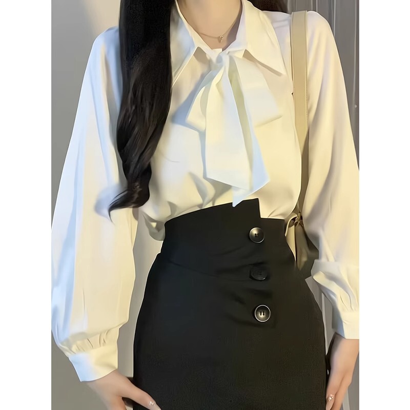 French-Style High-End Solid Color Shirt for Women, Long-Sleeved, Suitable for Commuting, Professional, Unique Lantern Sleeve Top with Bow Tie Inside