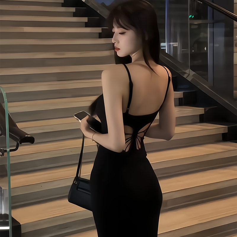 Retro Figure-Flattering Suspender Dress for Women, Summer 2026 New Style, Bow-Knot Cut Out Tight-Fitting Fishtail Long Skirt