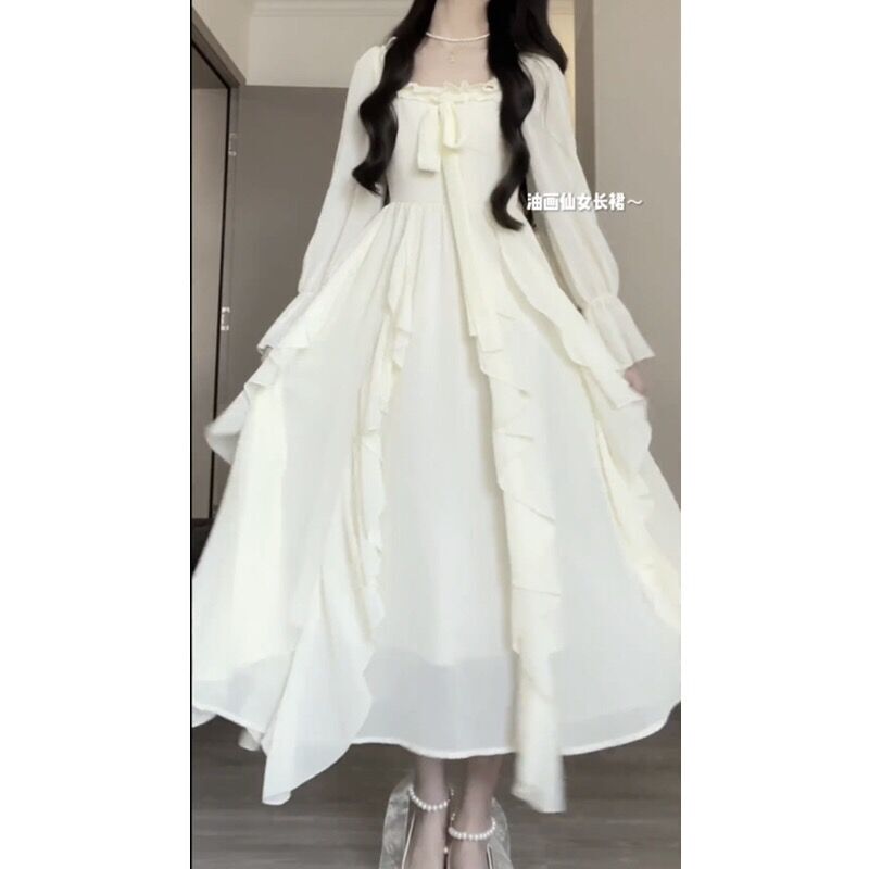 French-Style Gentle Ruffled Square-Neck Dress for Women, Spring/Summer 2026 New Model, Super Fairy-Like First Love Long Dress Trend