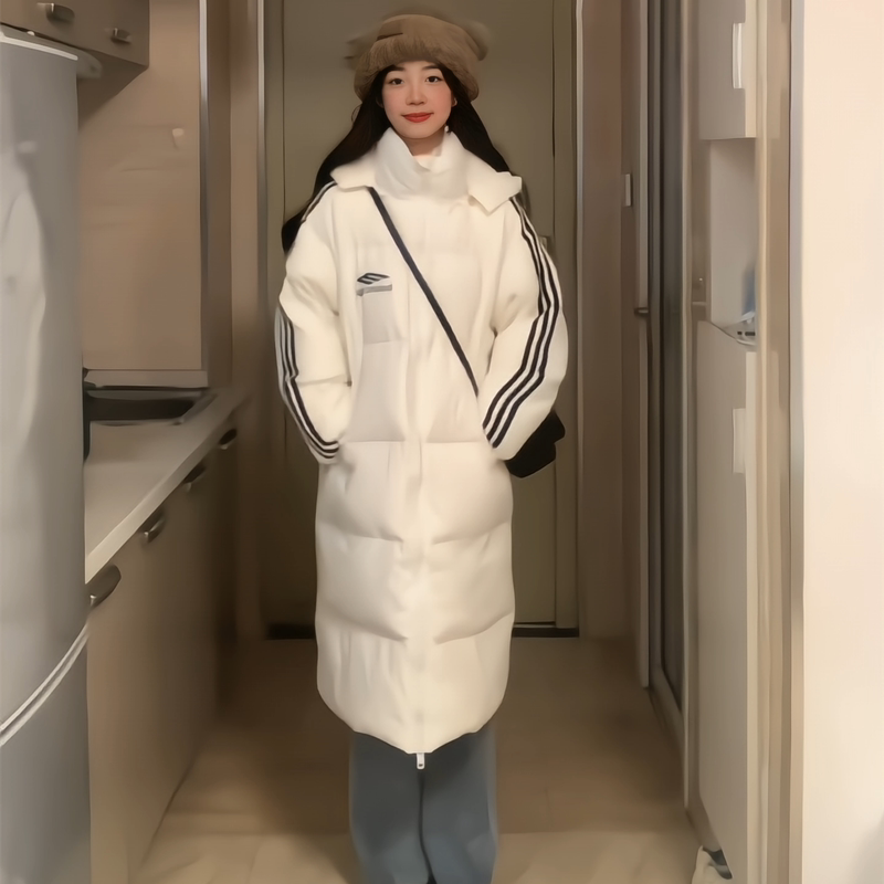 90% White Duck down Long Over-The-Knee Three-Stripe Hooded down Jacket for Women, Winter 2025 New Design Couple's Coat