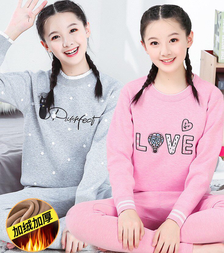 Fever clothes female students thickening and velvet suit cute girls high school students autumn clothes sanitary pants set of pure cotton autumn and winter