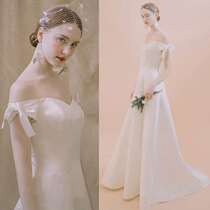 Satin Hepburn style bride new light wedding dress simple shoulder retro travel tour French banquet dress dress women
