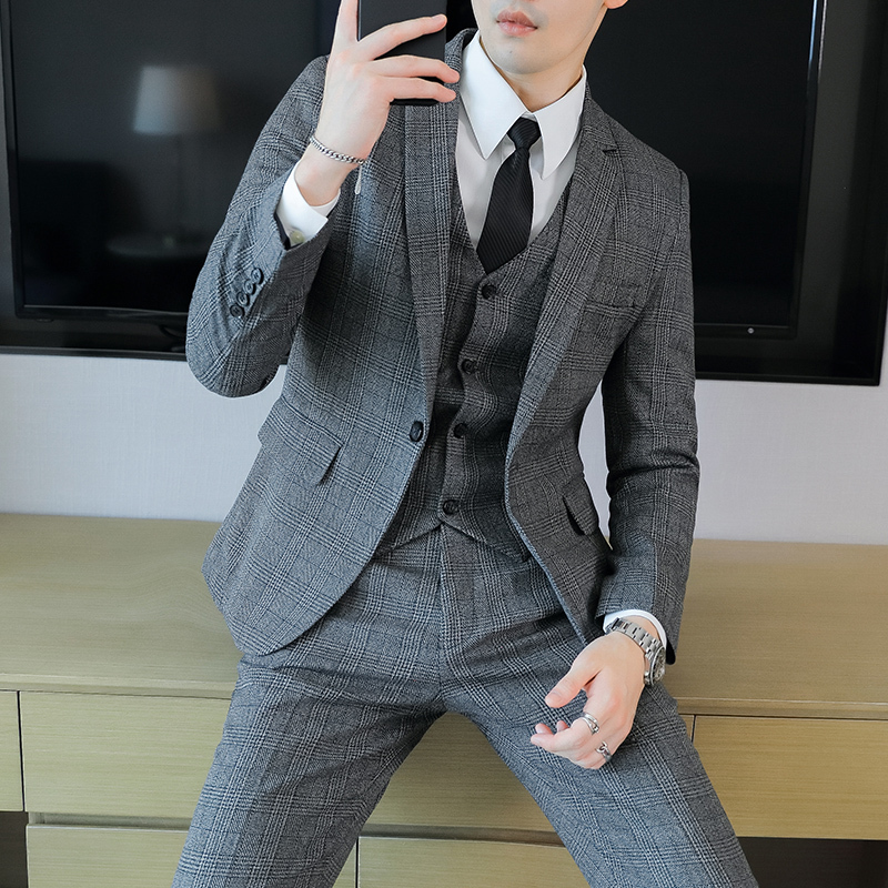 Men's Suit Set, Korean Style Business Three-Piece Suit, Formal Fit, Groomsmen and Groom's Dress, Plaid Casual Suit Jacket Men's Suit Set, Korean Style Business Three-Piece Suit, Formal Fit, Groomsmen and Groom's Dress, Plaid Casual Suit Jacket