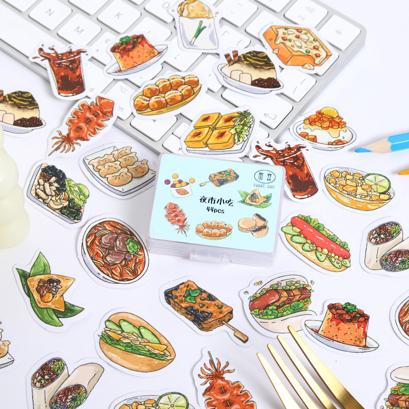 Hee translation hand account stickers 44 cute ins wind girl decoration small pattern Hand account food food stickers Menu diy stickers Stickers Art Night market snacks Self-adhesive stickers Korea