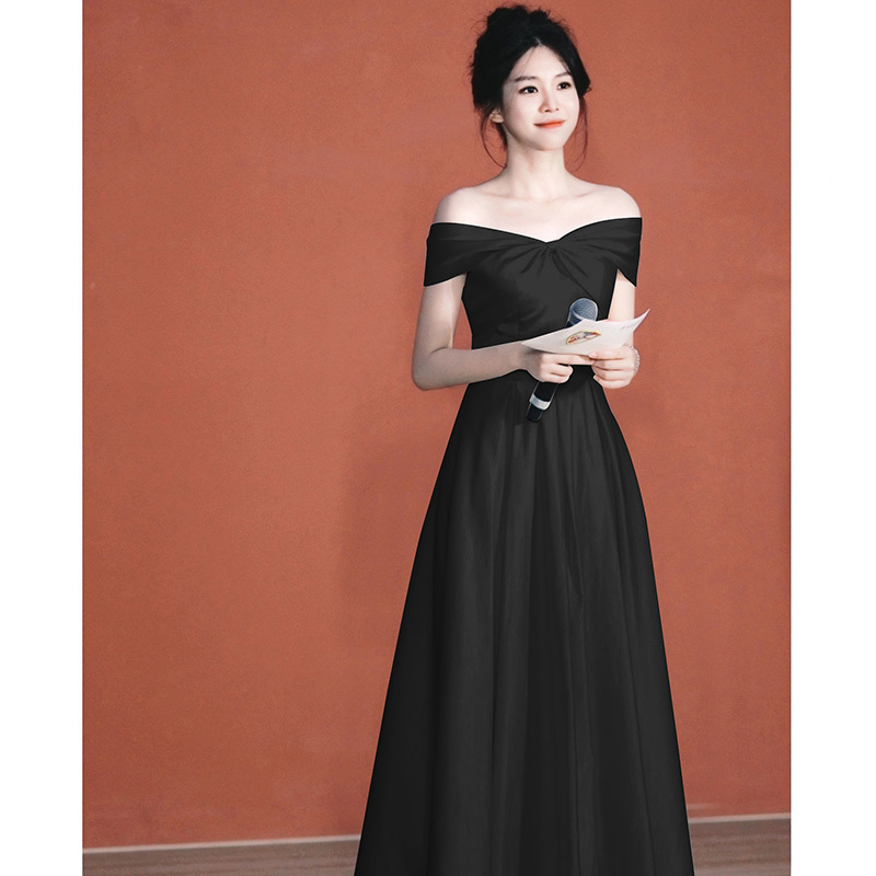 Black Evening Dress, High-End Light Luxury, Niche Style, Hostess Dinner Party, Off-Shoulder French Dress, Petite and Slimming Black Evening Dress, High-End Light Luxury, Niche Style, Hostess Dinner Party, Off-Shoulder French Dress, Petite and Slimming