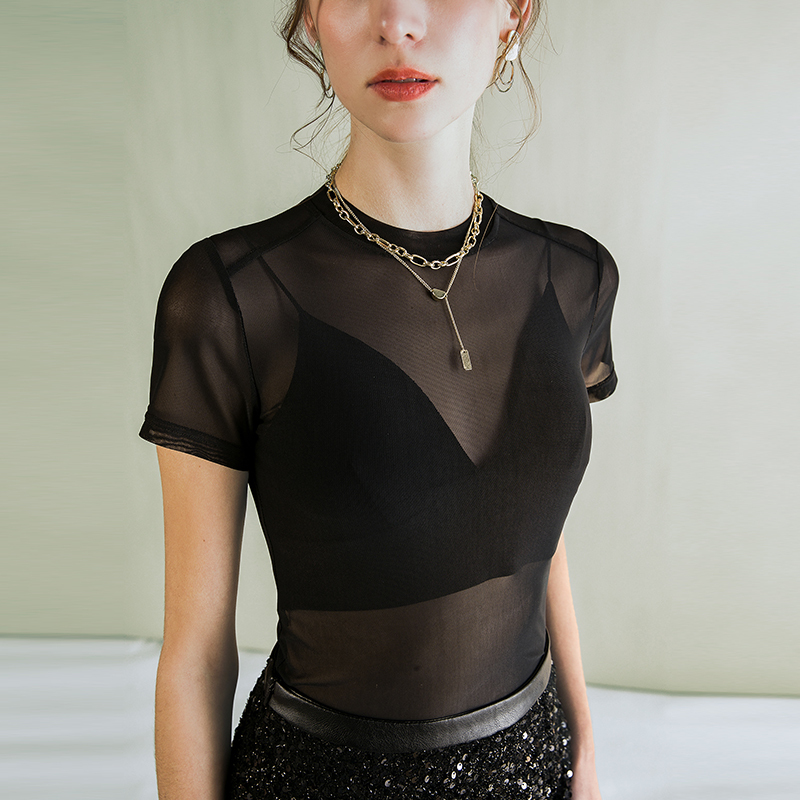Spring and Summer Gauze Women's Short-Sleeved Top with Black Base Layer, Mesh See-Through Thin Transparent Gauze Hot Girl Top