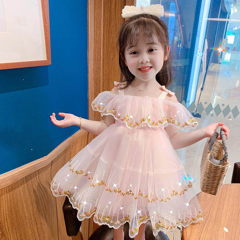 Little Girl Princess Dress Girl Baby Skirt Summer Dress New Girl Net Red Dew Shoulder Foreign Dress 3 Years Old