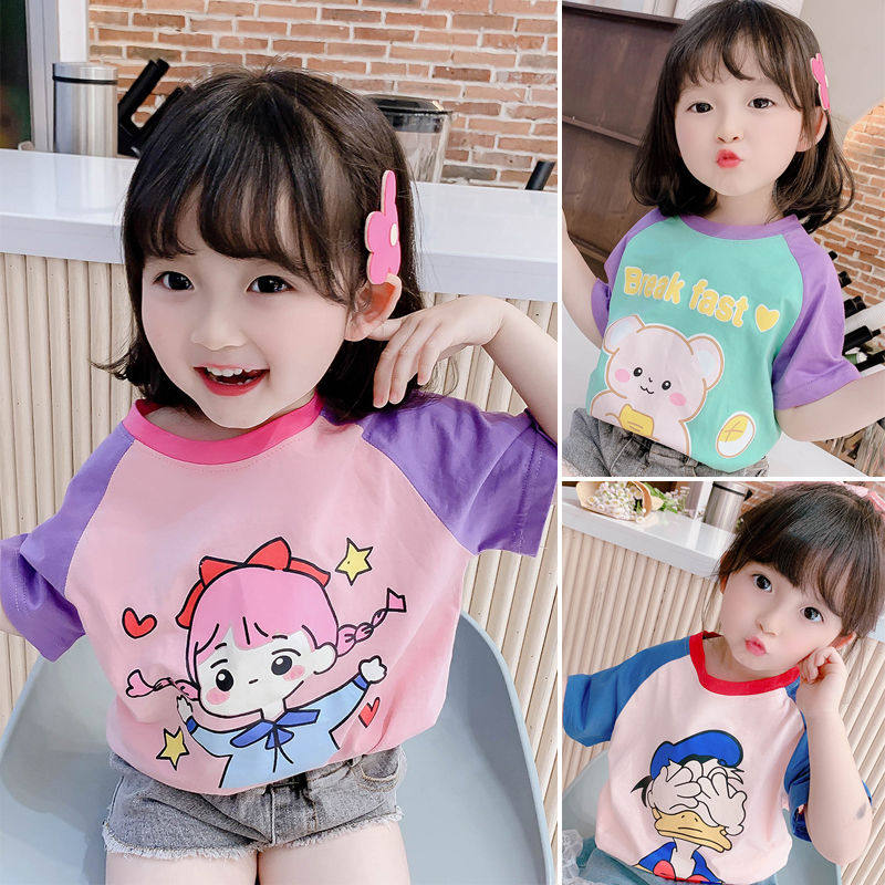 Girls' short-sleeved T-shirts, children's baby girls' T-shirts, children's clothing, summer new trends, contrasting colors, Western style tops, cotton half-sleeves