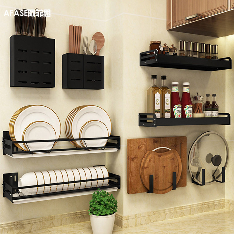 Black Stainless Steel Kitchen Shelf Free of perforated bowls Dish Containing shelf wall-mounted multilayer Cookware Supplies Disc Racks