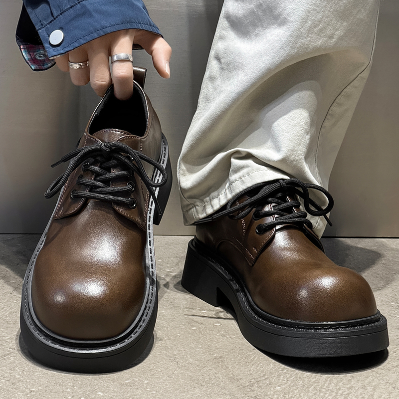Paris Cleanfit Thick-Soled Brown Derby Shoes for Men, Height-Increasing Versatile Mickey Big-Toe Shoes, British Style Commuting Leather Shoes, Trendy Paris Cleanfit Thick-Soled Brown Derby Shoes for Men, Height-Increasing Versatile Mickey Big-Toe Shoes, British Style Commuting Leather Shoes, Trendy
