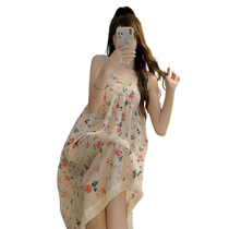 Womens suspender nightgown with breast pad summer thin 2024 new style woven cotton floral sweet retro summer pajamas