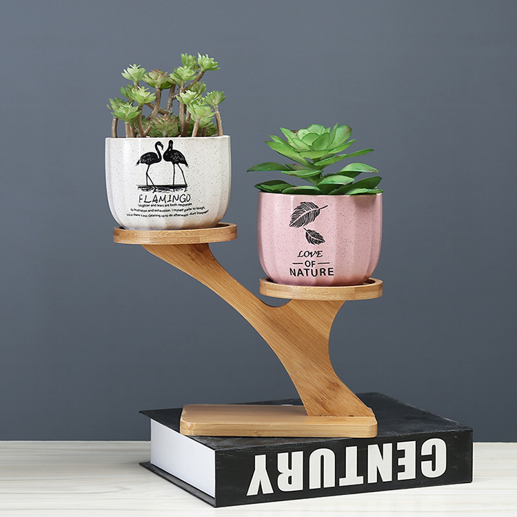 Contracted creative fleshy flowerpot ceramic small suit combination move indoor green plant flower implement with desktop bamboo pallets