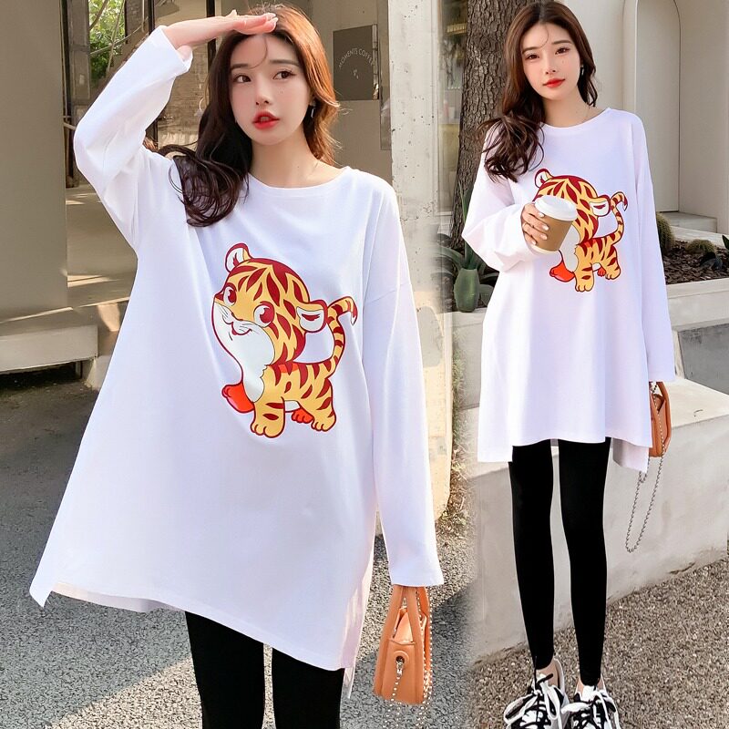 Large size maternity dress spring long-sleeved mid-length T-shirt top female fat MM loose going out casual two-piece set 200 catties