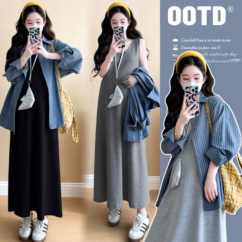 Plus-Size Maternity Dress 2026 Early Autumn Lazy Style Suit Shirt Two-Piece Set Vest Long Skirt Spring and Autumn 100kg
