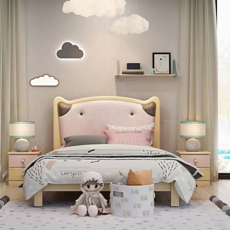 ABC Teens Children Bed Solid Wood Bed Linen Bed Teenagers Log Beds Cute Kitty stores Tongan