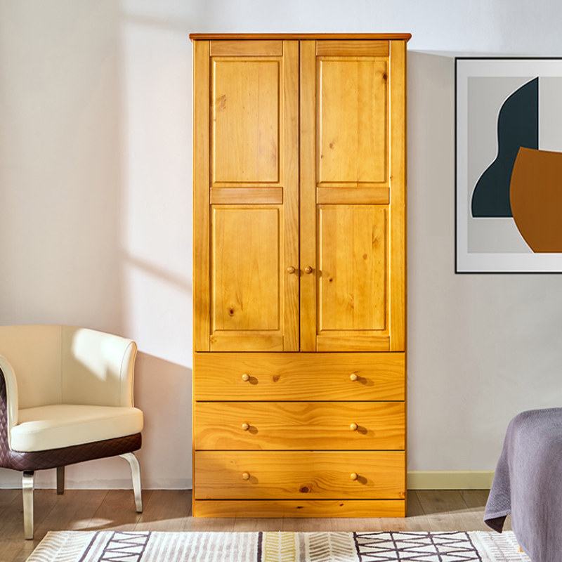 Happy Dream Treasure Solid Wood Double Door Three Drawers Wardrobe Children Pine Wood Small Wardrobe Small Family of Easy Cloister Furniture