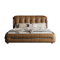 Talman high-end luxury French retro modern simple light luxury solid wood buckle soft package master bedroom leather black leather bed