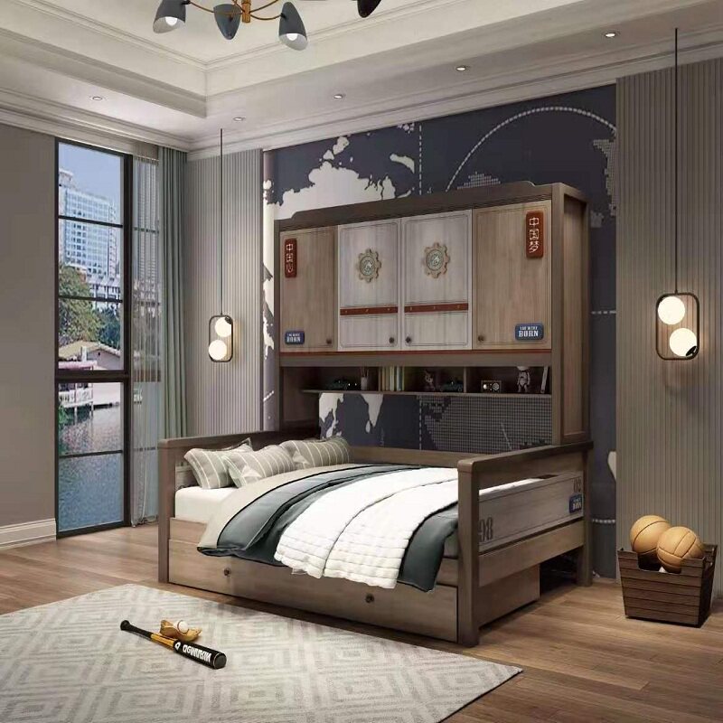 Nordic Children's Bed Boy Single Beds 1 35 m Solid Wood Multifunction Wardrobe Bed Combined Bed Head Cabinet