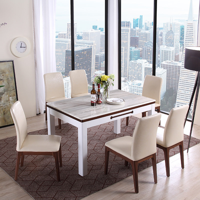 Left and right dining table and chairs combination minimalist marble dining table and chairs walnuts wood color white bright light table 4 chairs