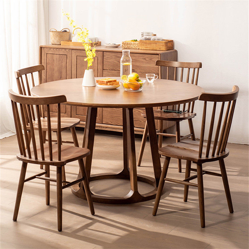 Log Wisdom LOGSTYLE DINING TABLE AND CHAIRS COMBINED MODERN BRIEF ROUND TABLE SOLID WOOD ROUND TABLE WHITE WAX WOOD