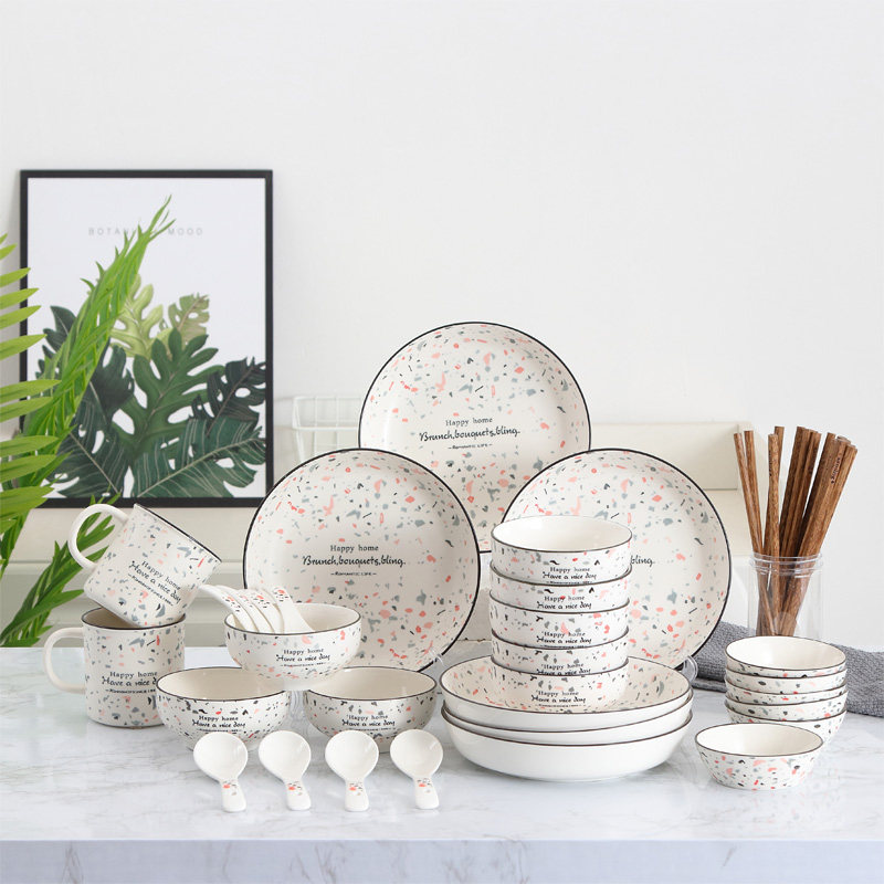 Shangling Ceramics H-home tableware 38 heads Terrazzo pattern bowls, plates, spoons and chopsticks tableware Nordic style simple