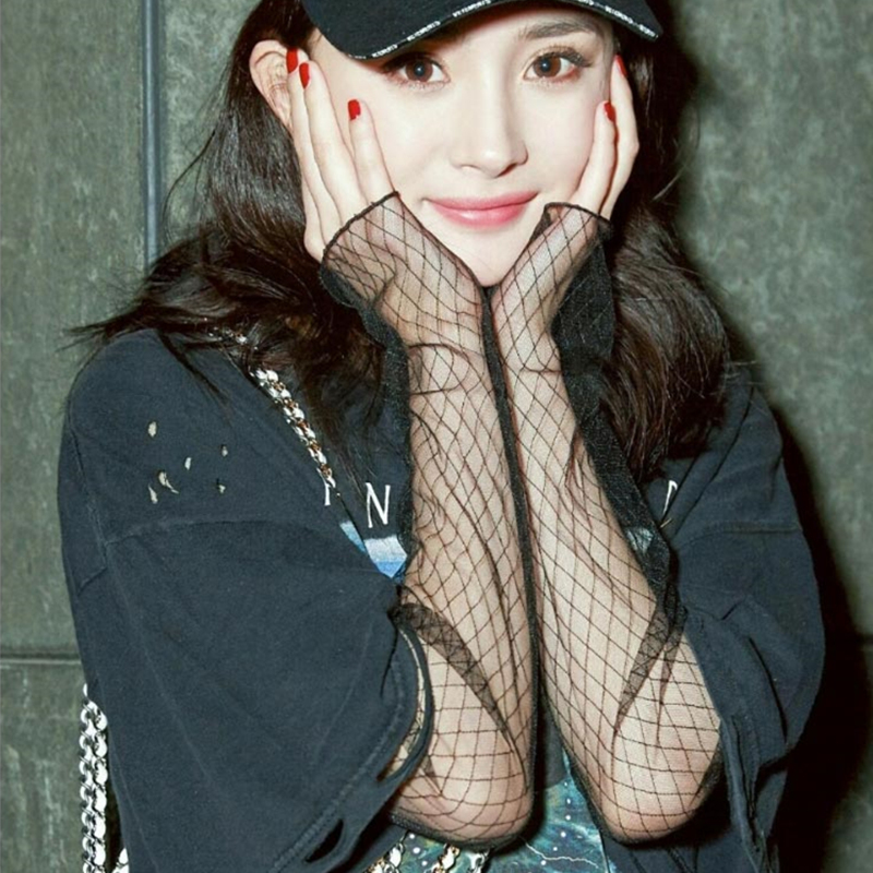 Yang Mi Style Mesh Base Shirt for Women, Long-Sleeve Sheer Top, Sexy See-Through Lace Hollow-Out Blouse