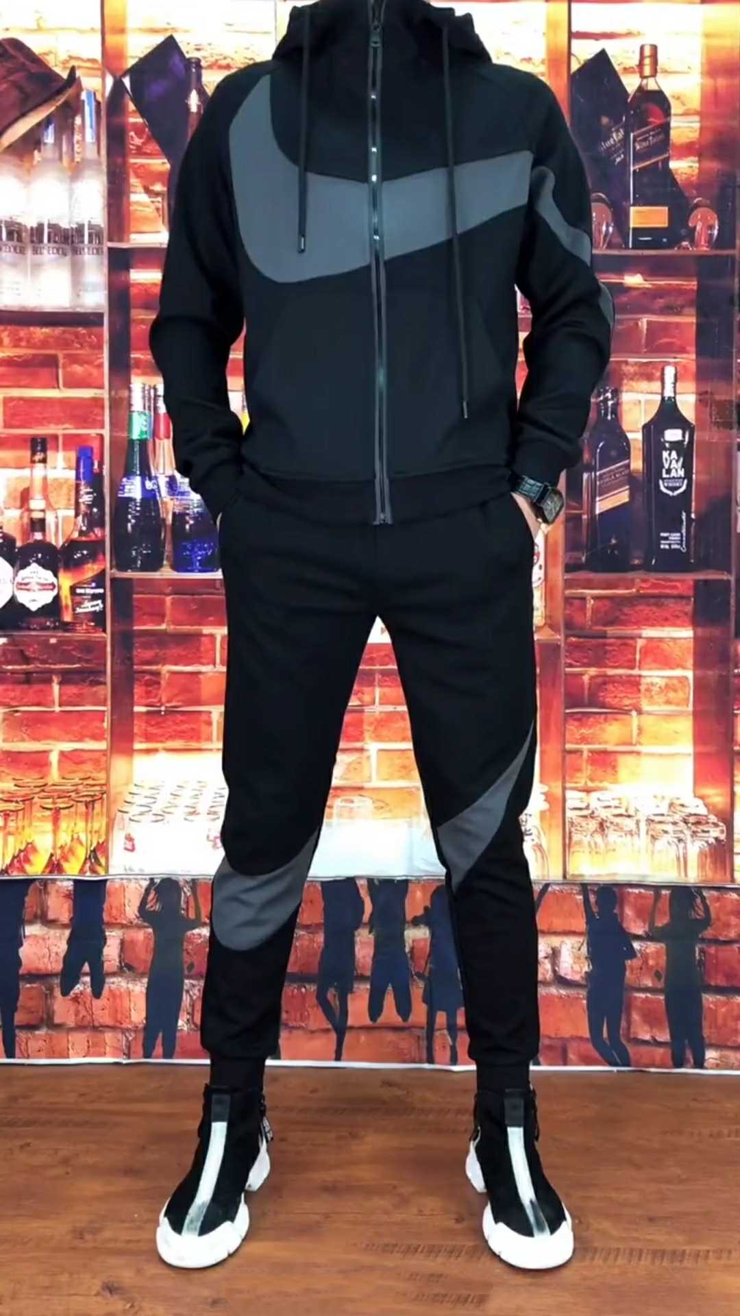 0016 Chao Men's Pavilion Two Shop Men's Hooded Big Fit Leisure Joker Sports Comfort Trend Personality Cardigan Set