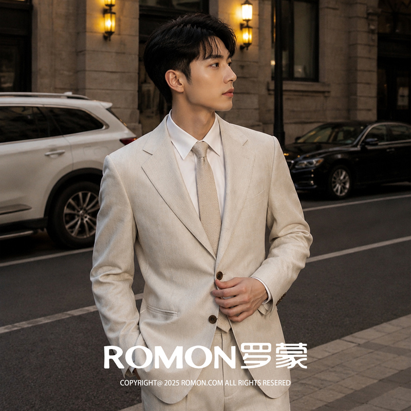 Romon Linen Suit Men's Suit Single-Breasted Summer Breathable Thin High-End Casual Linen Suit Jacket Romon Linen Suit Men's Suit Single-Breasted Summer Breathable Thin High-End Casual Linen Suit Jacket