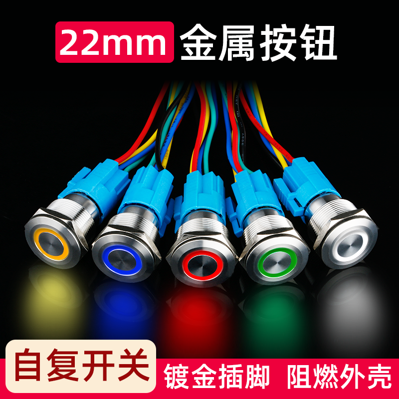 22mm metal button switch self-reset flat ring with LED light car retrofit button 12v24v220v
