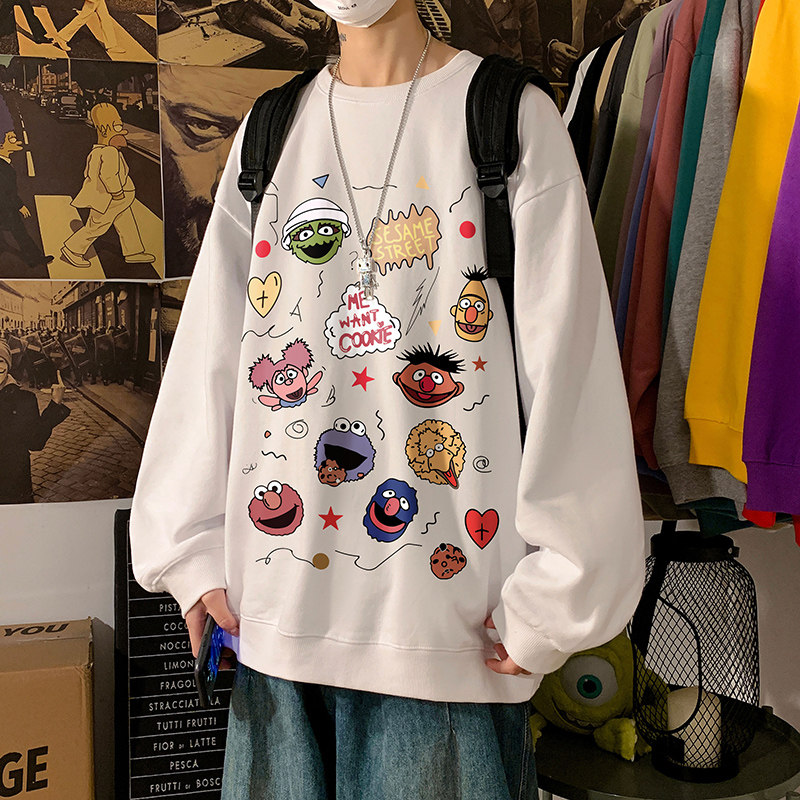 Plus size round neck thick cotton T women's loose autumn and winter 2020 new ins Hong Kong style Sesame Street fat mm thin top