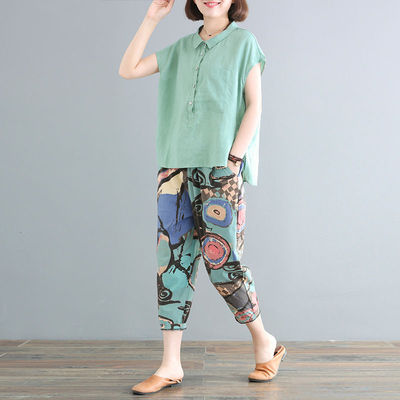 单件/套装95棉t夏装2021洋气新韩版大码宽松两件套印花九分裤套装