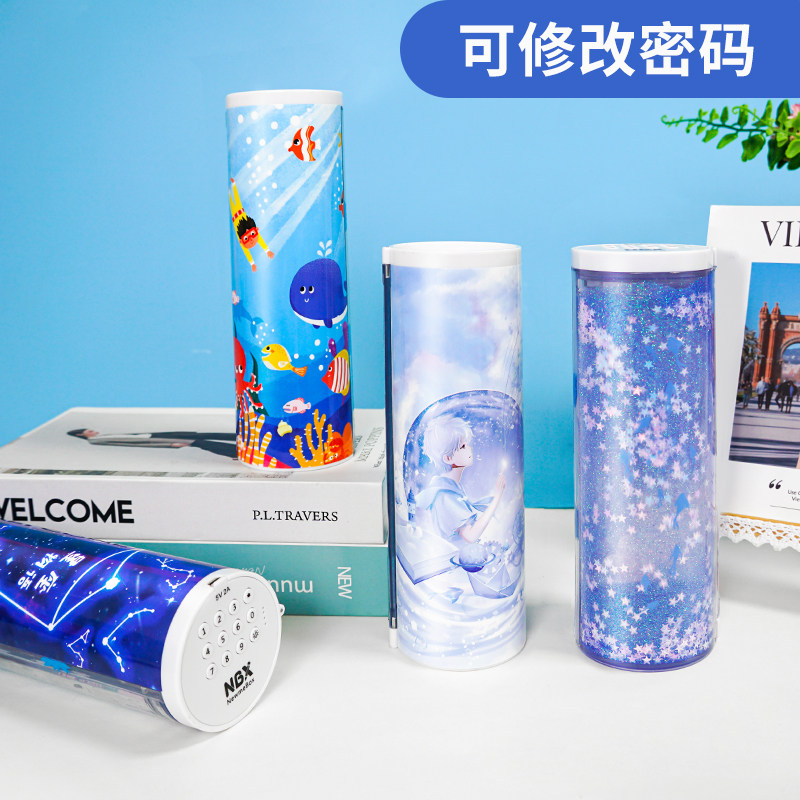 NBX Internet celebrity with the same password lock stationery box female pupils pencil box multi-functional large capacity kindergarten boys and girls simple creative personality cylindrical cylinder transparent quicksand pencil box